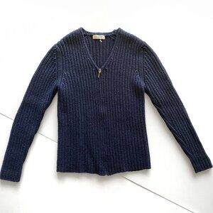 Vintage Y2K Bossini Wool Blend Zip Cardigan Sweater Womens S Navy Ribbed